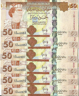 2008 Libya Libyan Lot of 6 Consecutive 50 Dinar Banknote P 75 Qaddafi Rare (XF)