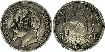 1867 Francs 5 Saudi Arabia 1916 - 1920 Piastres 20 Countermark Hejaz Silver Coin