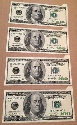 2006 US America Lot of 4 Consecutive $100 Dollar Bill Banknote Serious Cut Error