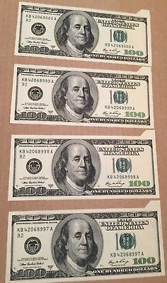 2006 US America Lot of 4 Consecutive $100 Dollar Bill Banknote Serious Cut Error