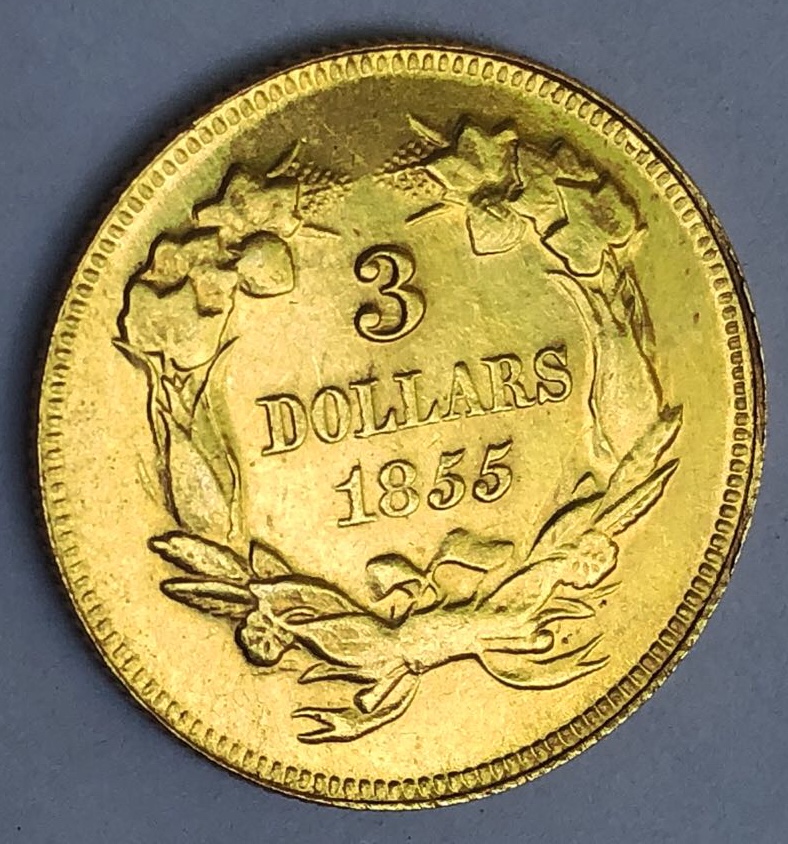 1855 United States of America Three 3 $ Dollars Gold Coin Indian Princess Head