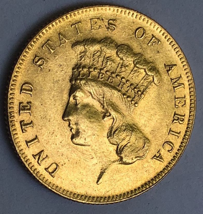 1855 United States of America Three 3 $ Dollars Gold Coin Indian Princess Head