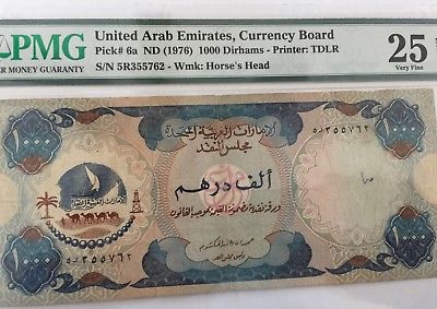 1976 United Arab Emirates UAE 1000 Dirhams P 6a Banknote PMG 25 Very Fine Rare