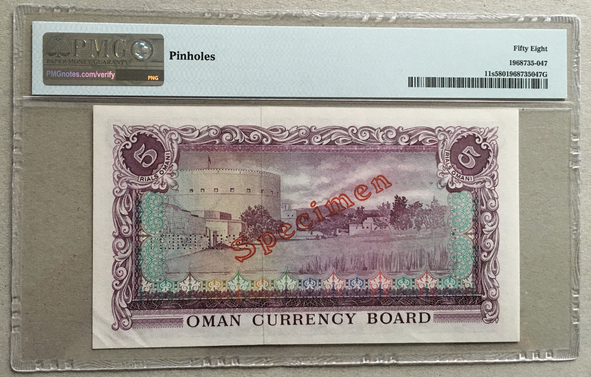 1973 Oman 5 Rials Omani Specimen Banknote Pick 11s PMG 58 AUNC