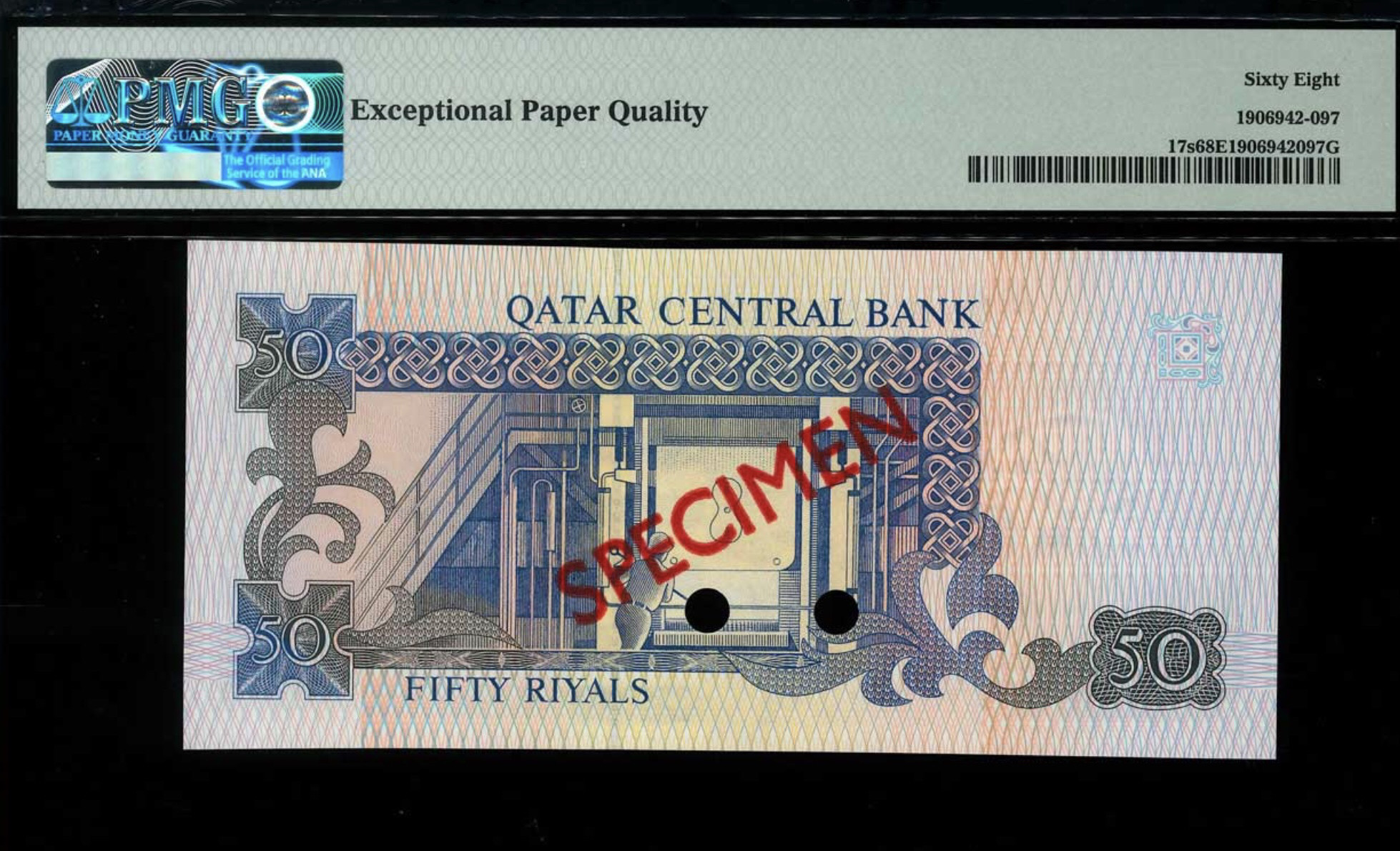 1996 Qatar 50 Riyals Specimen Banknote Pick 17s SN J/5 000000 381 PMG 68 UNC EPQ