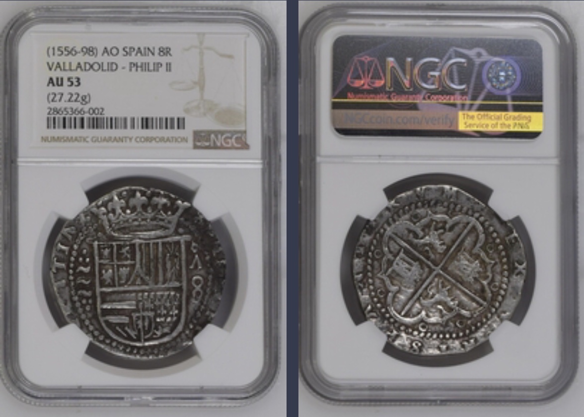 1556–98 AO Spain Spanish 8 Reales Cob Silver Coin Philip II Valladolid NGC:AU53