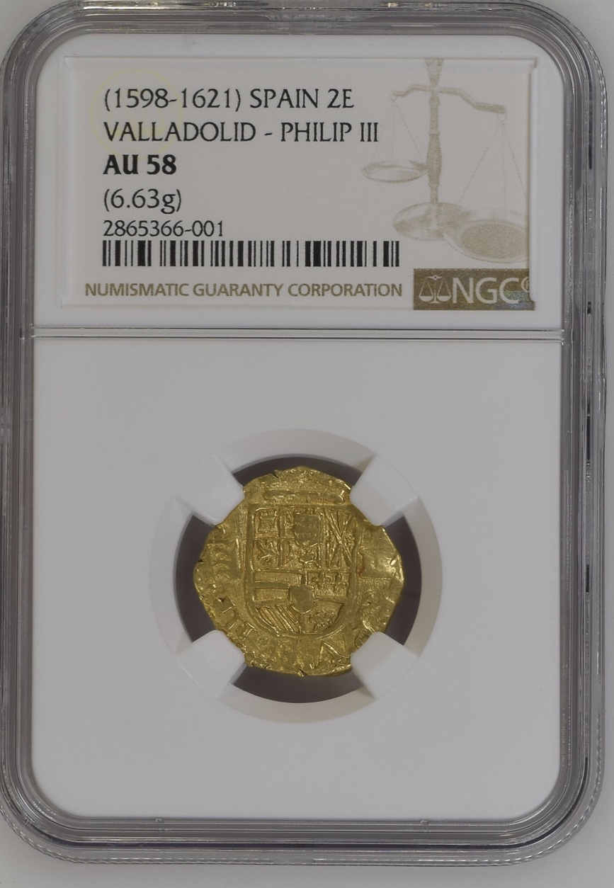 1598 Spain Spanish Cob 2 Escudos Gold Shields Coin Philip III Valladolid NGC-58