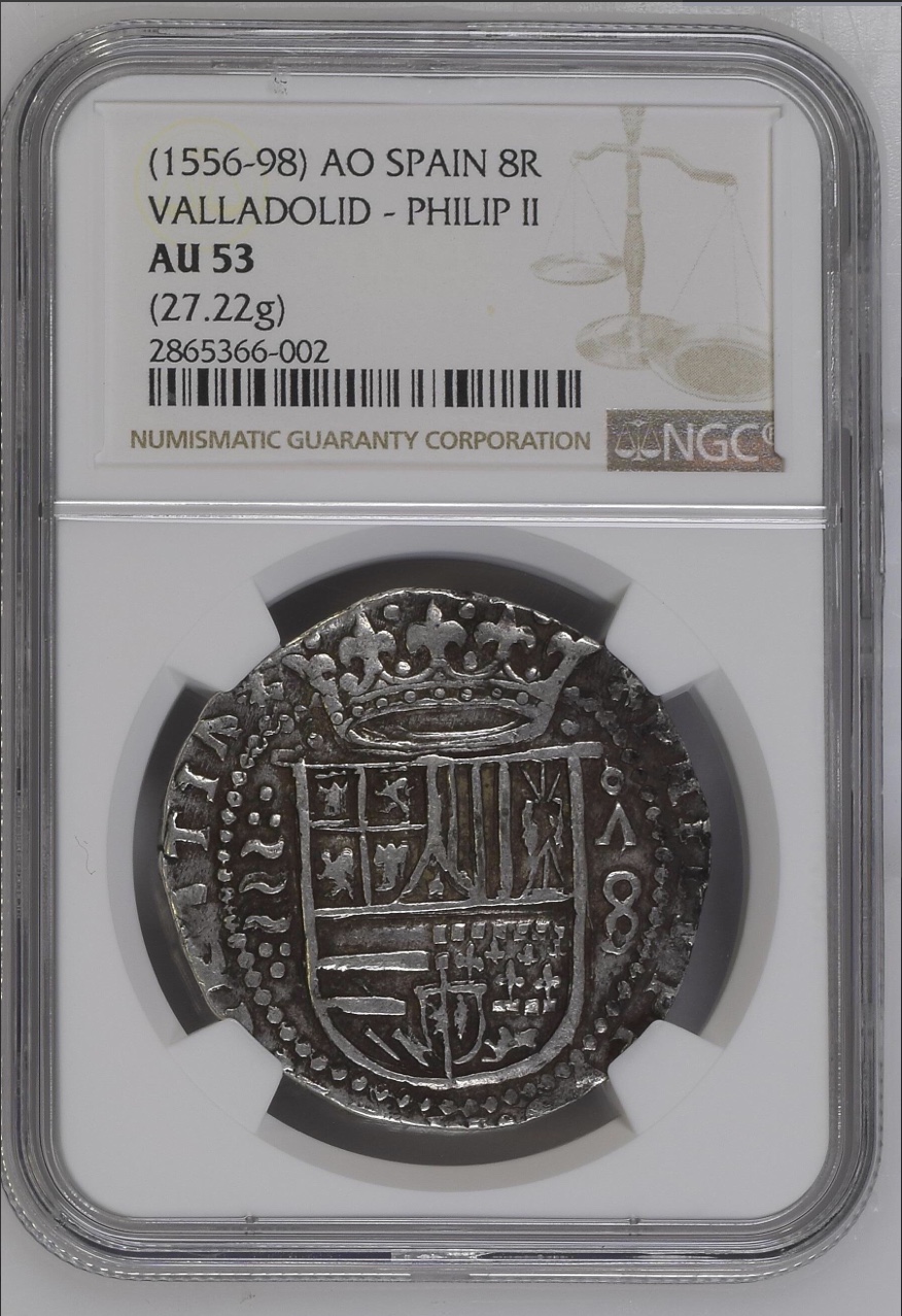 1556–98 AO Spain Spanish 8 Reales Cob Silver Coin Philip II Valladolid NGC:AU53