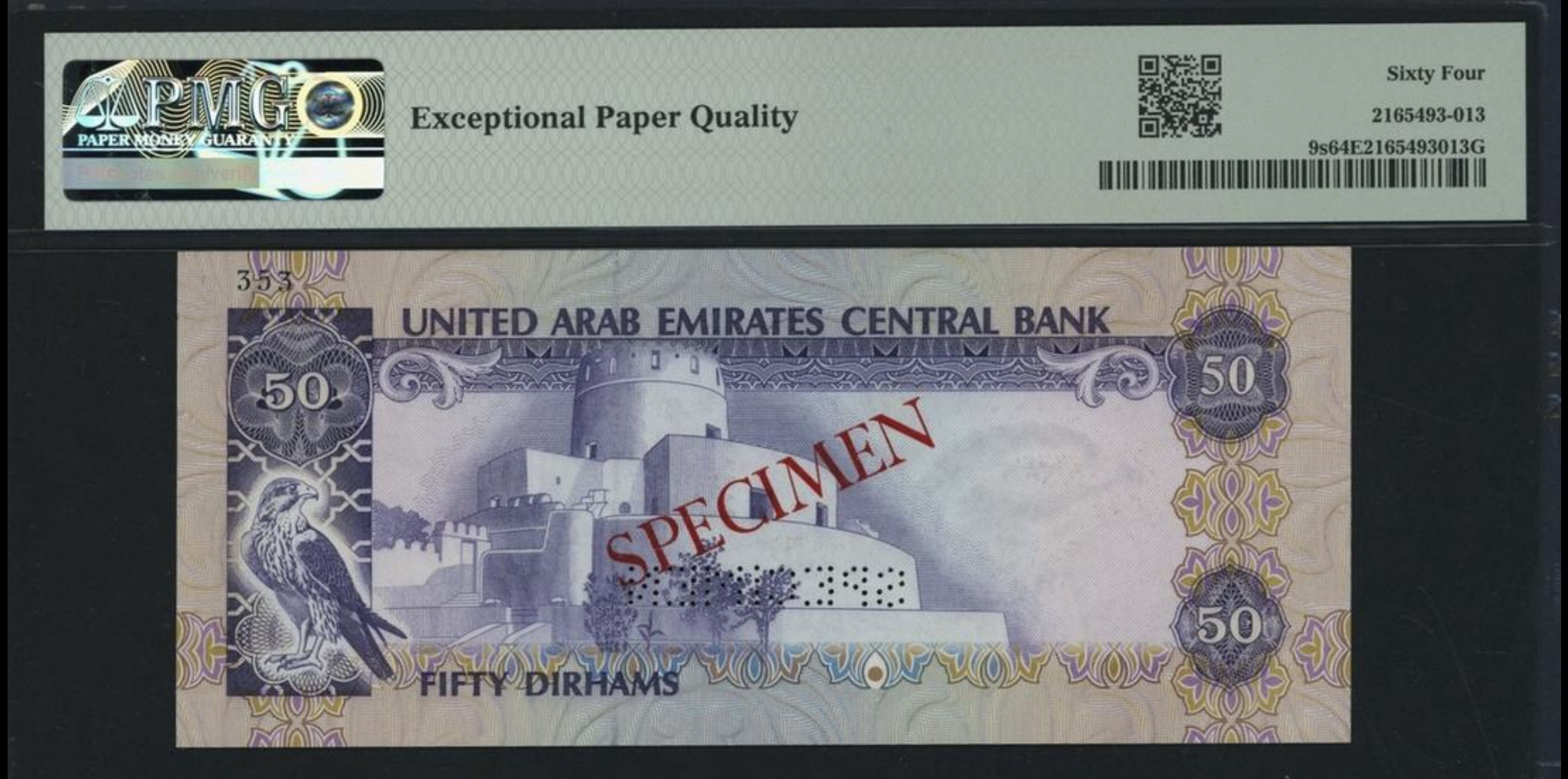 1982 United Arab Emirates UAE 50 Dirhams Specimen Banknote Pick 9s PMG 64 (UNC)