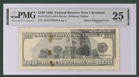 US 1996 $100 Green Withrow Rubin Note Cleveland Offset Printing Error PMG 25 VF