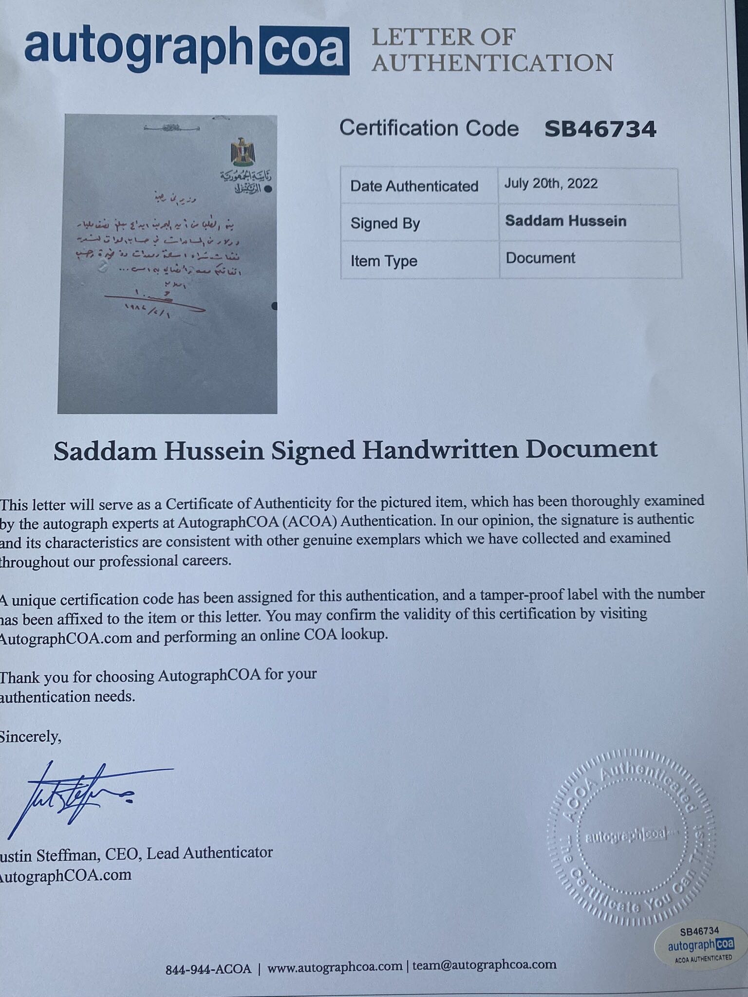 Autograph Saddam Hussein Requested Emir of Bahrain to Pay 500 $ Million Dollars