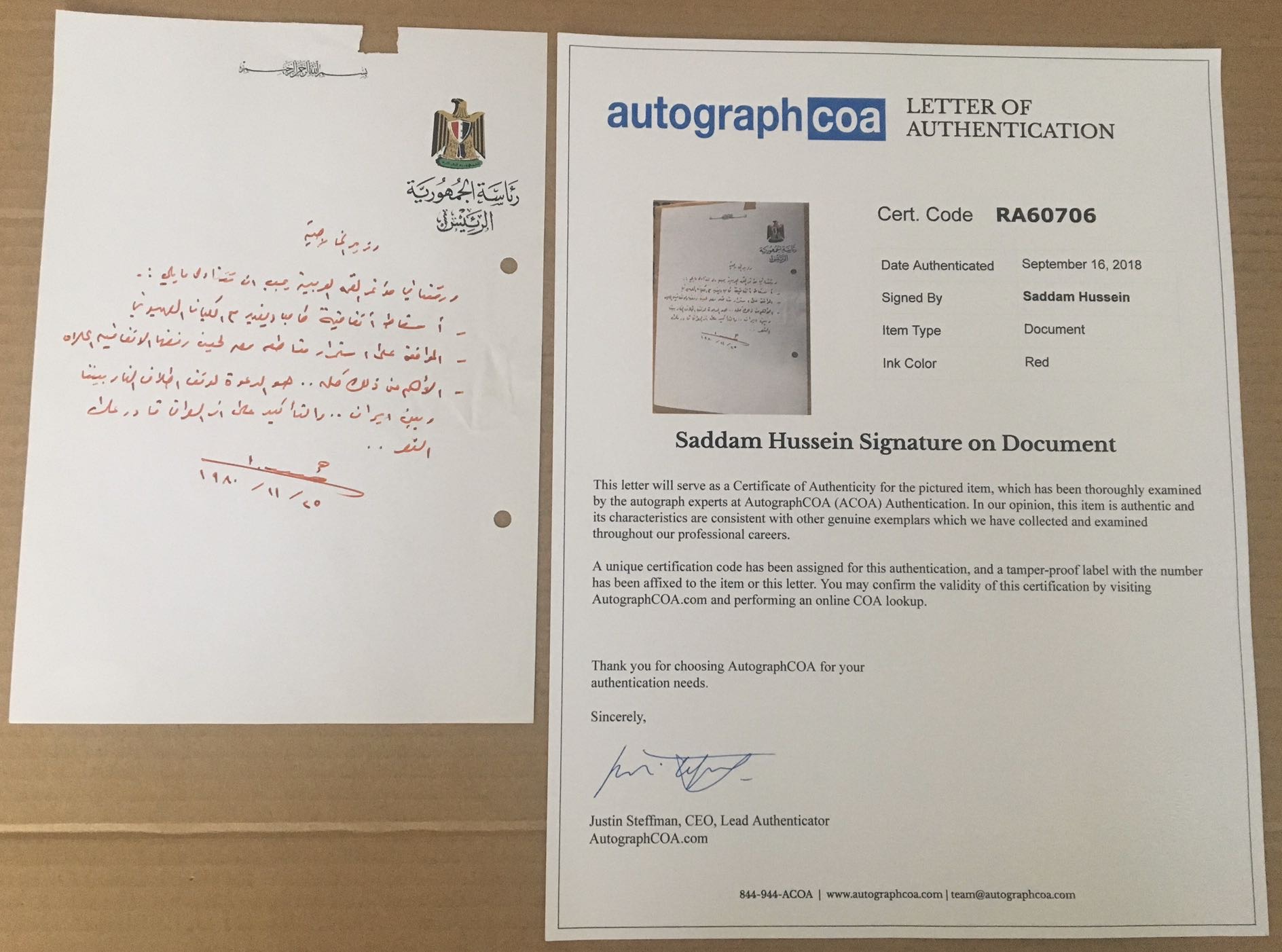 Autograph Handwritten Document Saddam Hussein Orders & Paperwork for Arab Summit