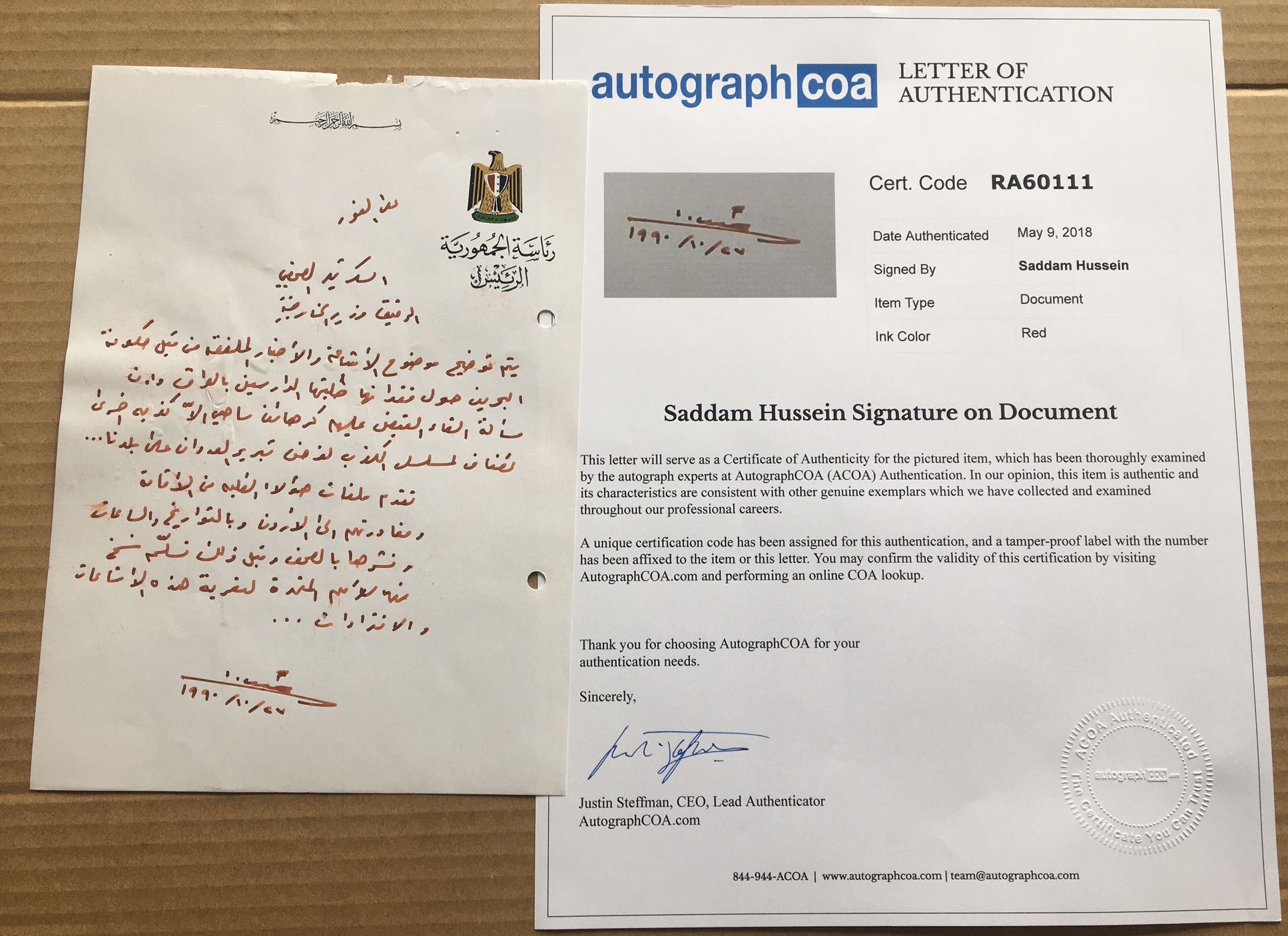 Autograph Handwritten Document Saddam Bahrain Gov. Students Hostages Propaganda