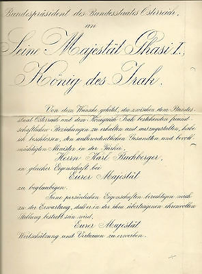 1934 Austria President Wilhelm Miklas Official Letter to King Ghazi I of Iraq