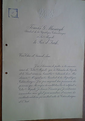 1934 Czechoslovakia President Thomas Masaryk Official Letter to King Ghazi Iraq