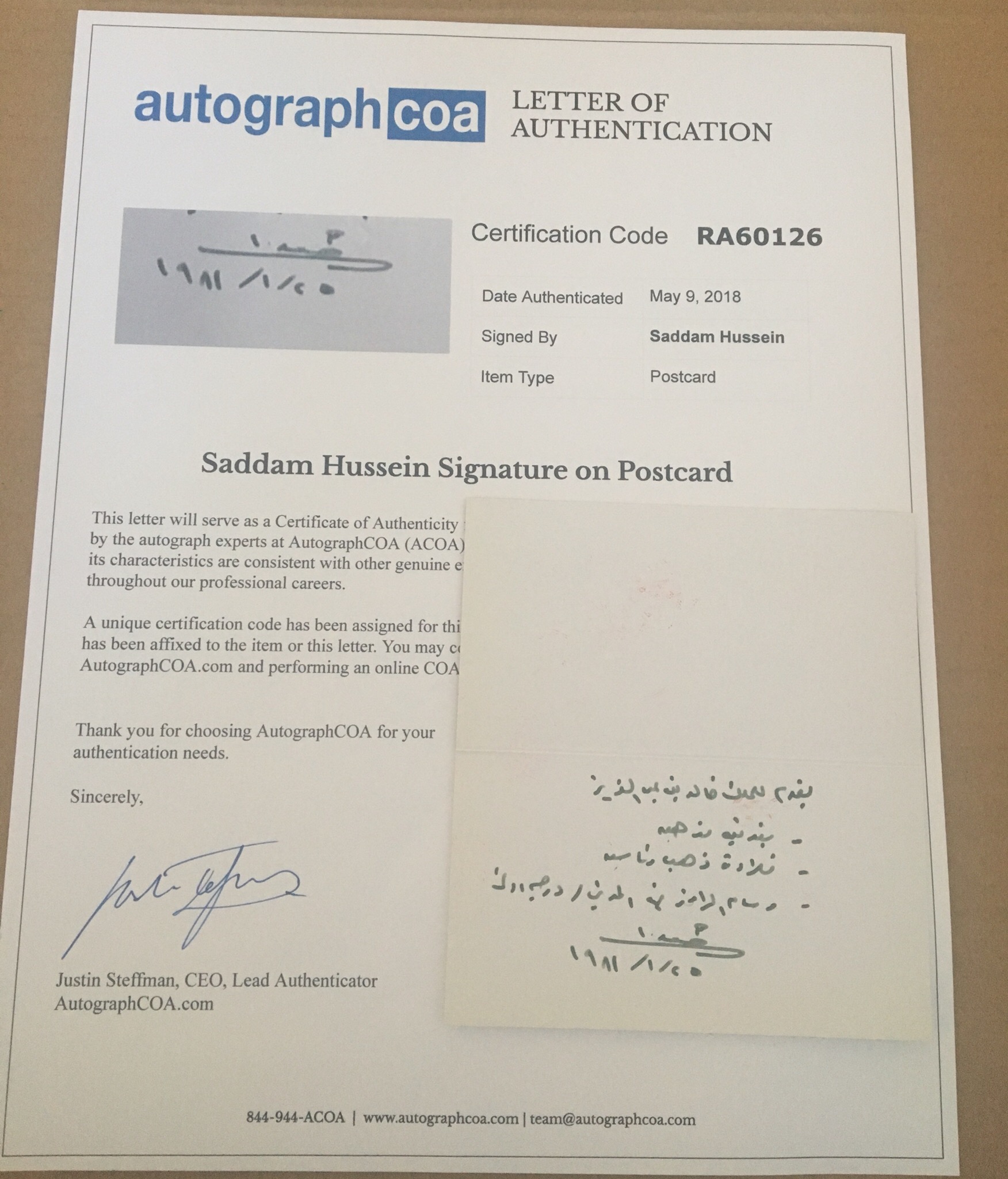 Autograph Handwritten Postcard Saddam Hussein Golden Rifle King Khalid of Saudi