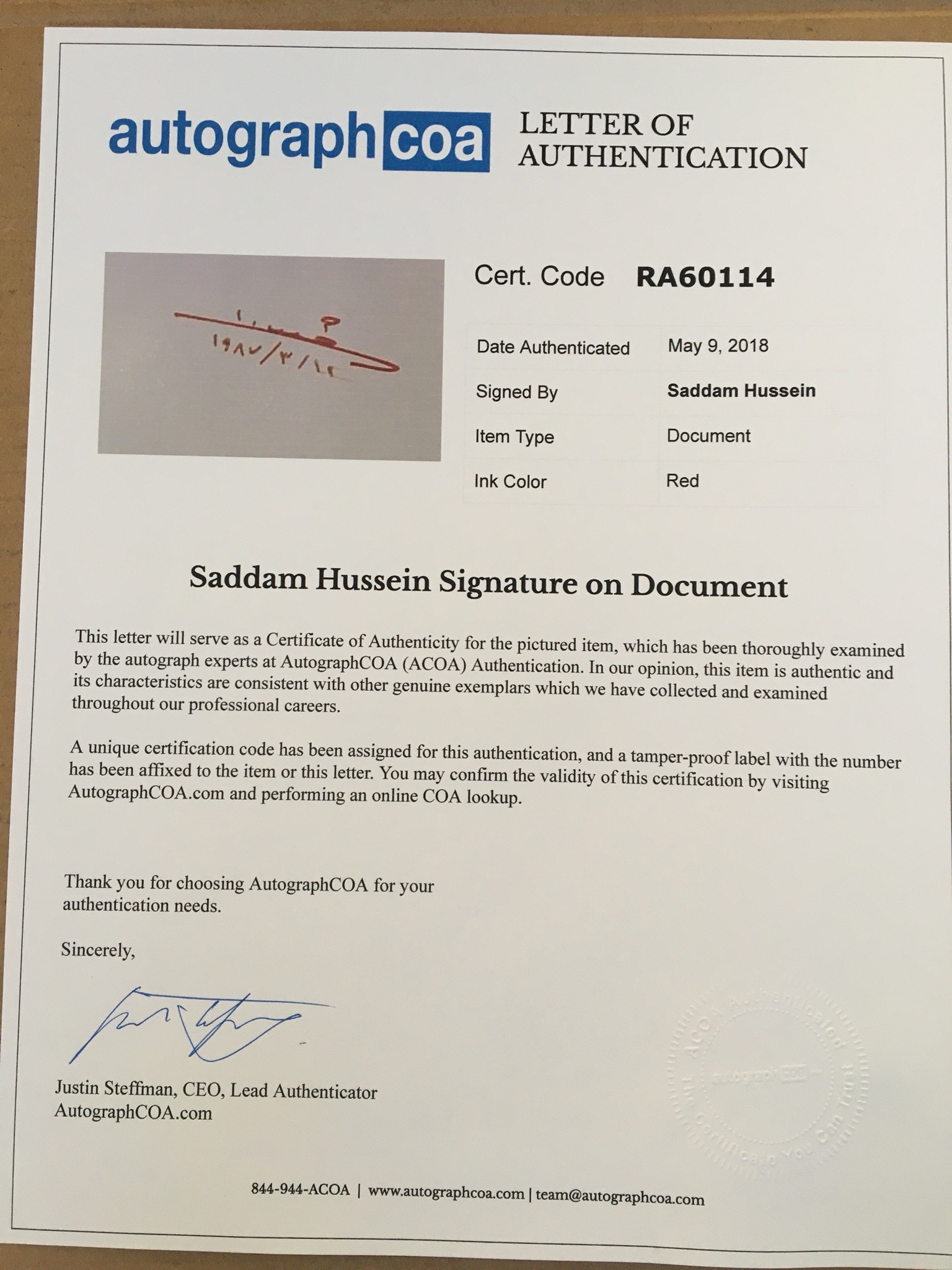 Autograph Handwritten Document Saddam Appointed Minister of Interior Samir Mohmad Abdel-Wahhab