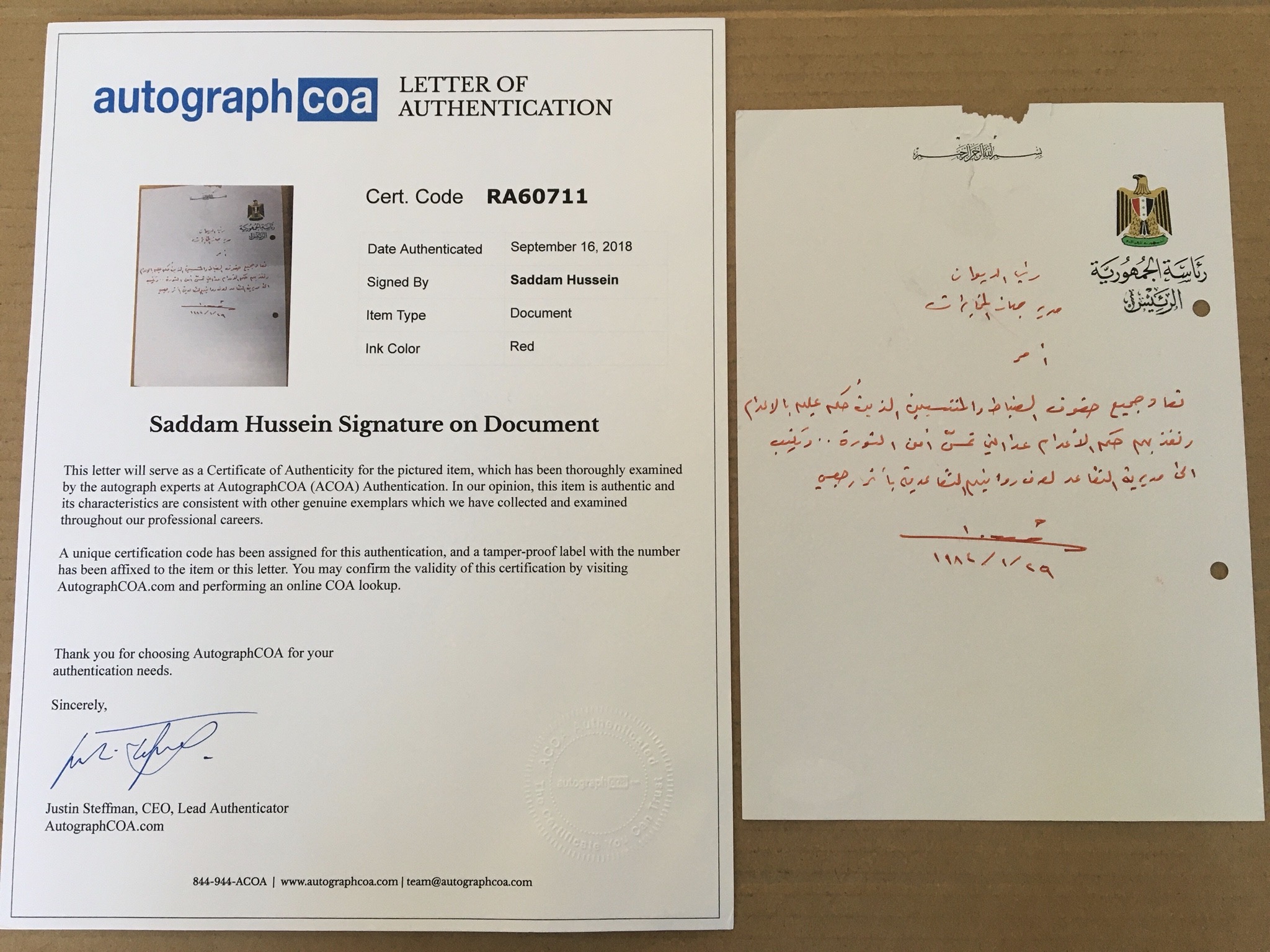 Autograph Handwritten Document Saddam Ordering the Restoration of the Right of Executed Officers