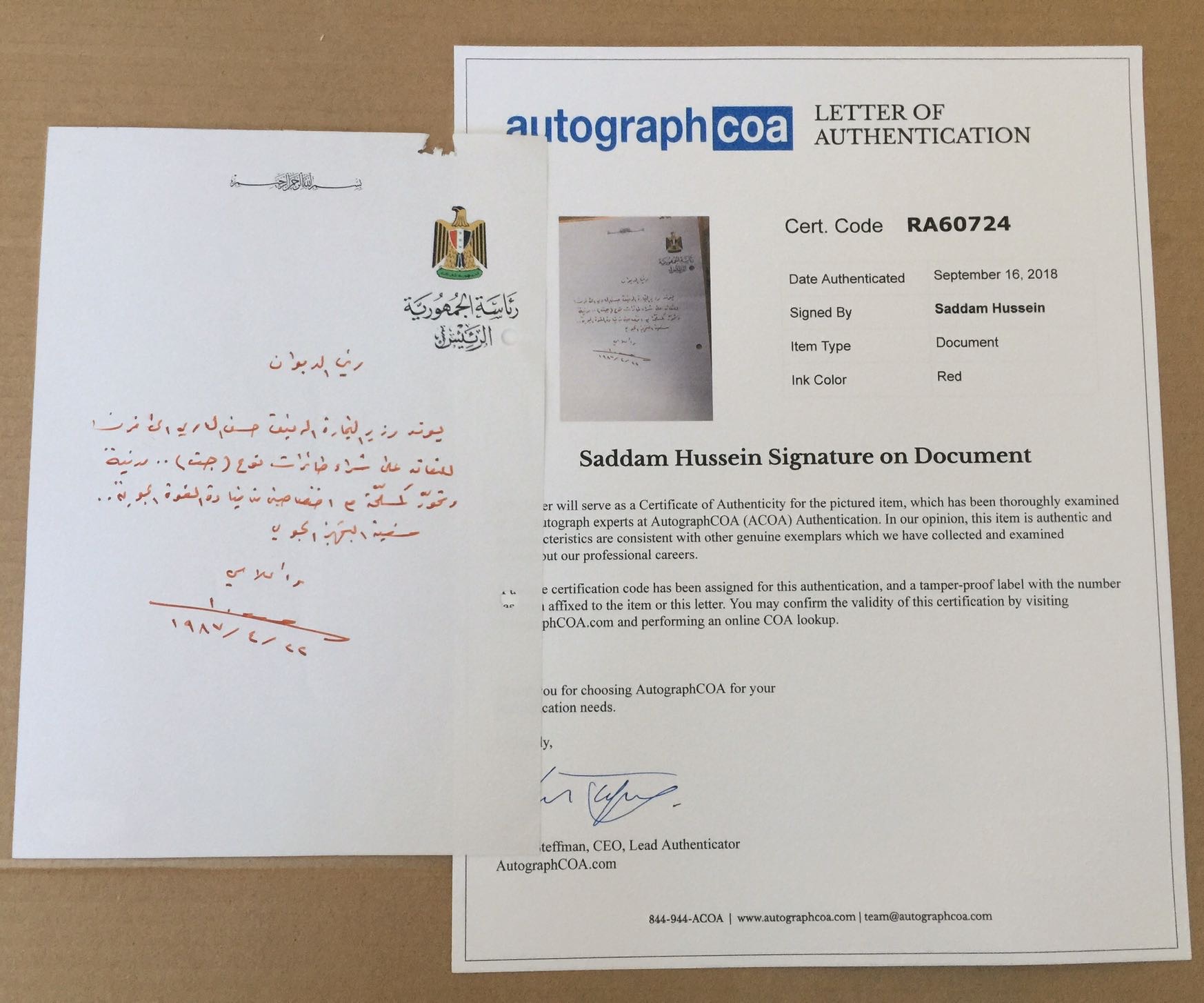 Autograph Handwritten Document Saddam Converted French Cilvil Jet to Military