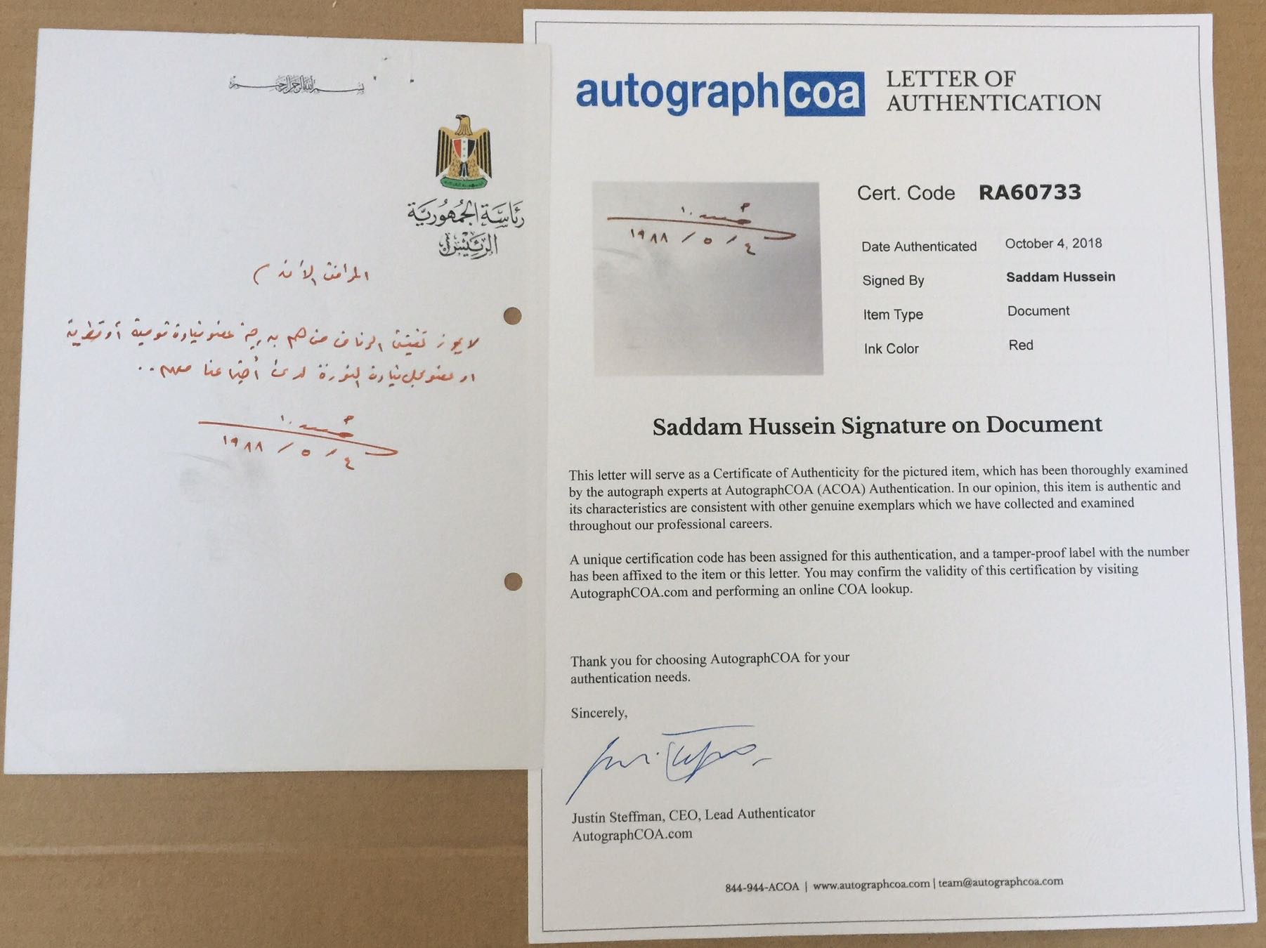 Autograph Handwritten Document Saddam No Search of Revolutionary Council Members