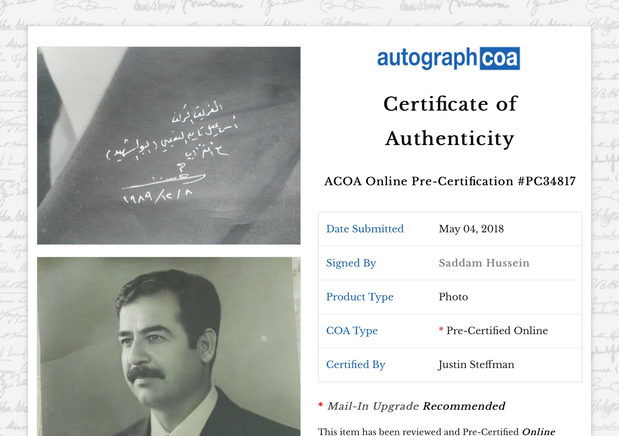 Iraq Saddam Hussein Photo Handwritten Signed Autograph Ismail Alnuami Abu Shahid