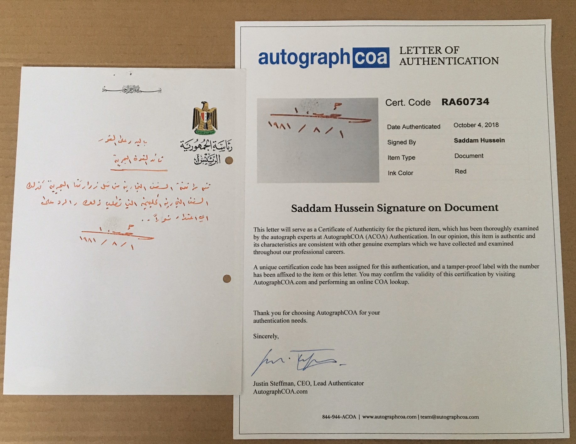 Autograph Handwritten Document Saddam Hussein Ordered to Escort Commercial Ships
