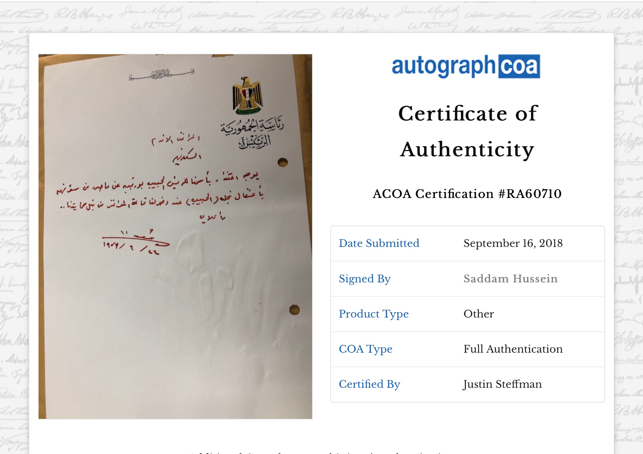 Iraq Memo Handwritten Signed Saddam Autograph Apology to Habib Bourguiba Tunisia