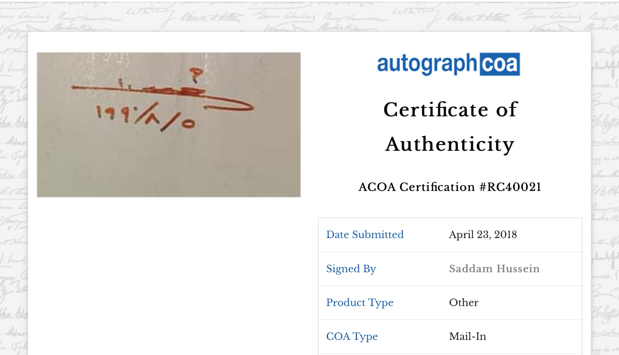 Iraq Memo Handwritten Signed Saddam Hussein Autograph United Arab Emirates COA