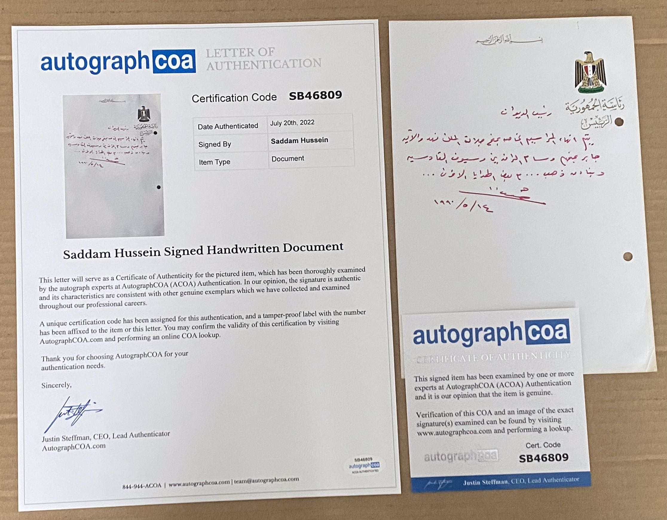 Autograph Saddam Hussein Awards to King Fahad of Saudi Arabia and Emir Jaber of Kuwait