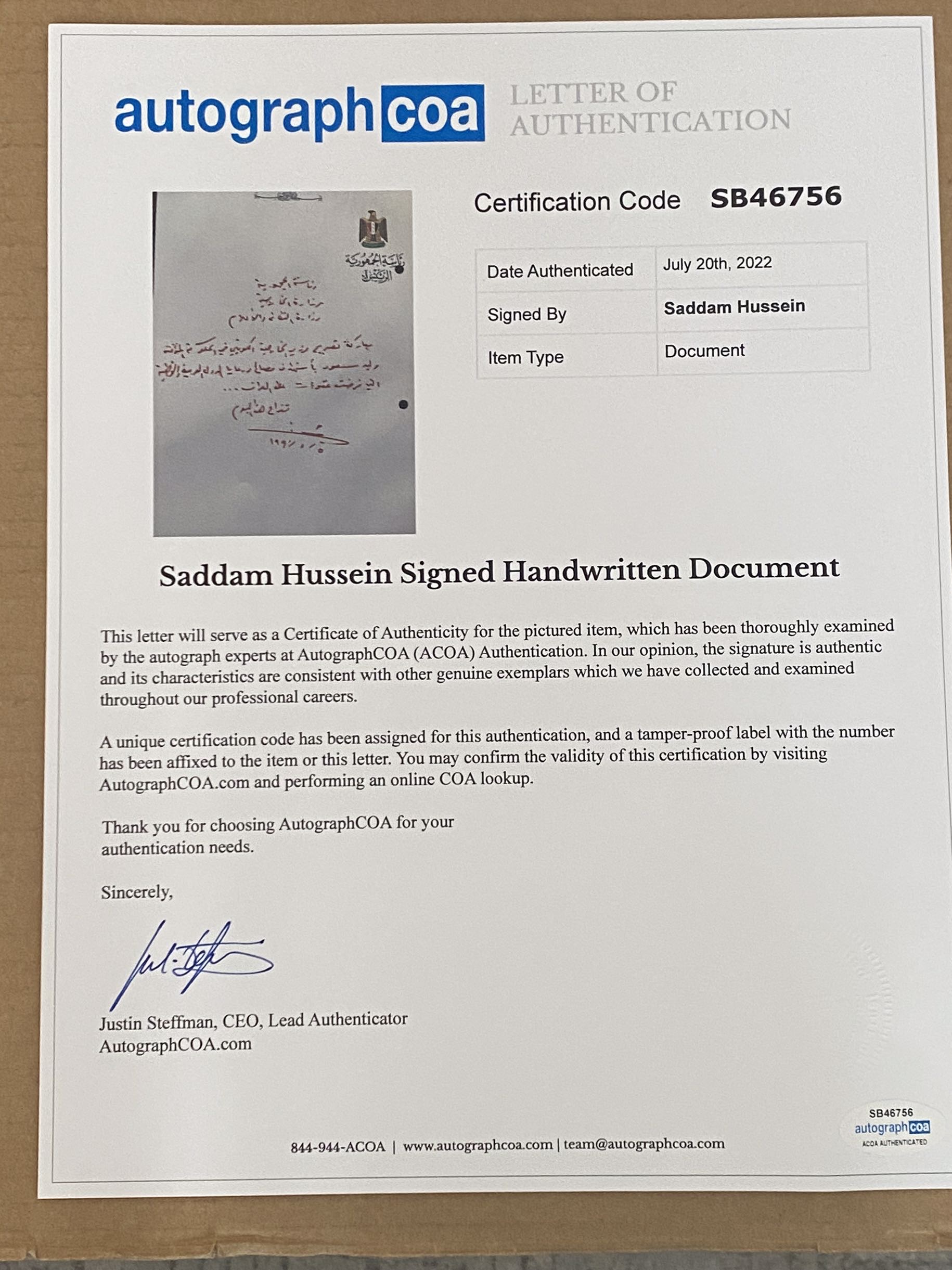Autograph Saddam Hussein Endorsed Kuwait Interim Government / Foreign Minister Threats