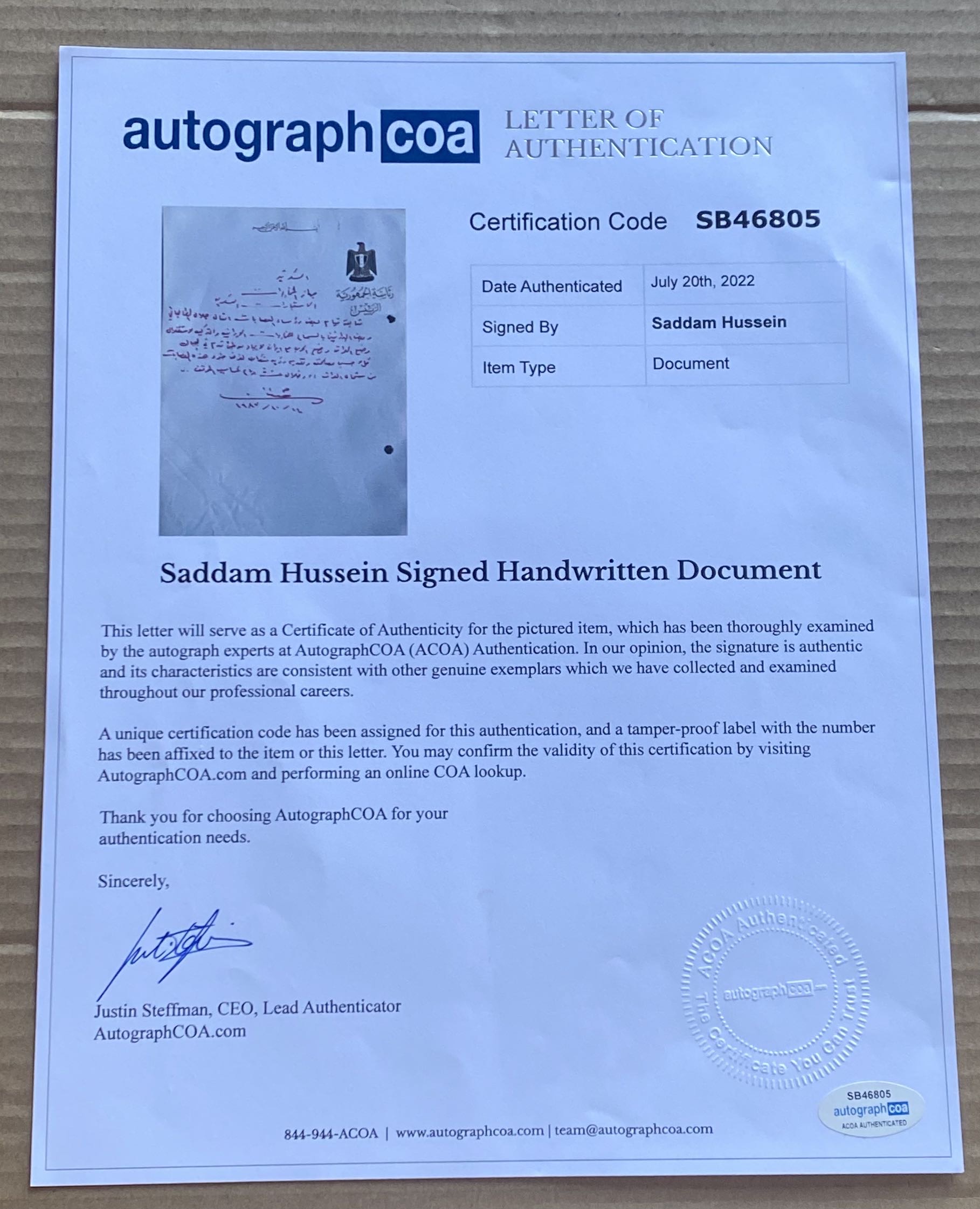 Autograph Saddam Hussein Iraq Intelligence Regarding Jalal Talbani & M. Barazani