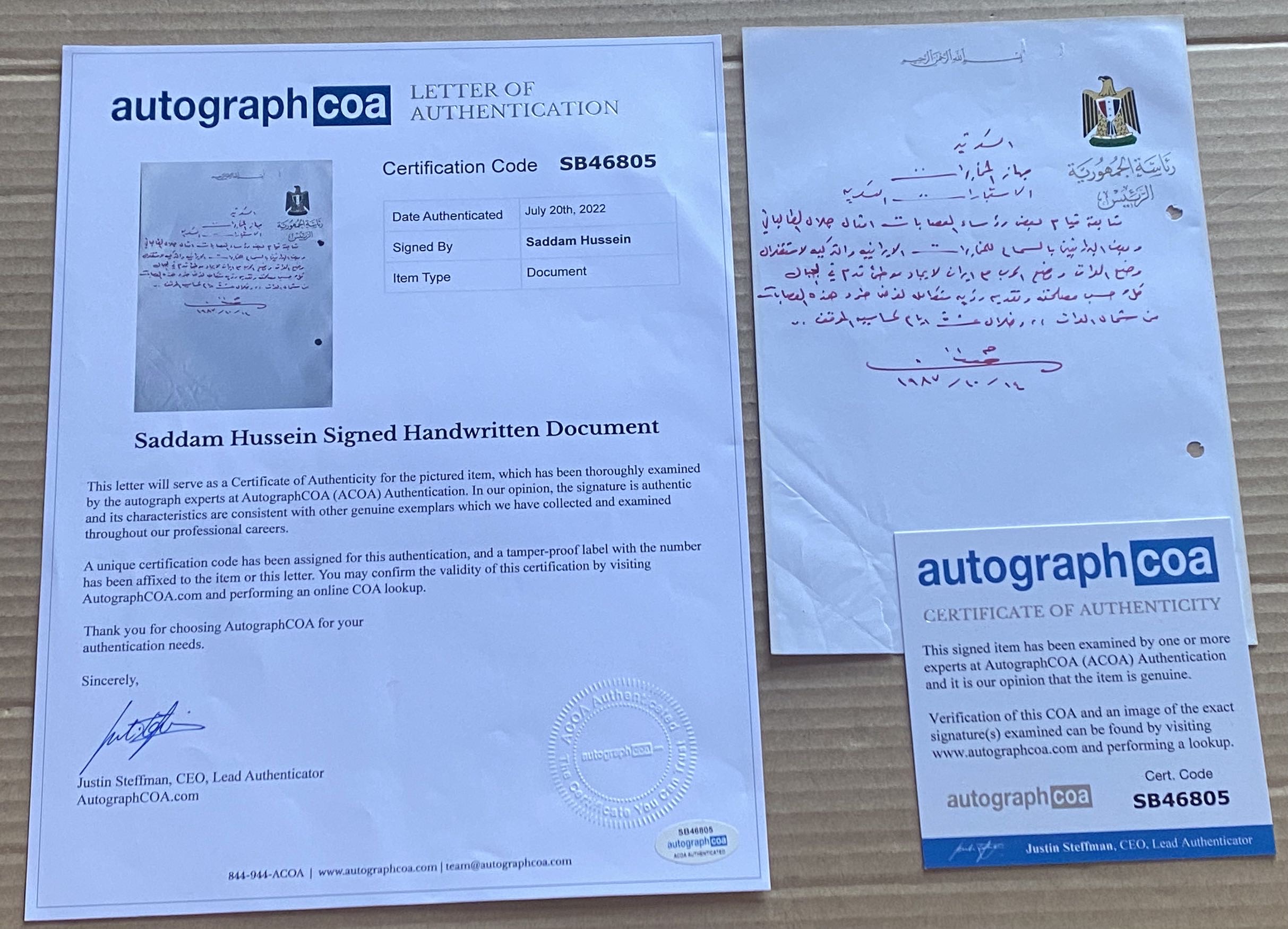 Autograph Saddam Hussein Iraq Intelligence Regarding Jalal Talbani & M. Barazani