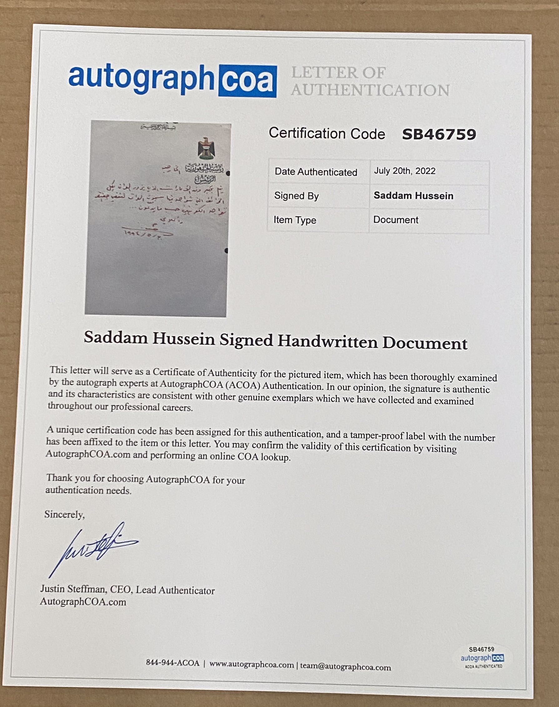 Autograph Saddam Hussein Ordered Foreign Affairs UAE Delegation Kuwaiti Prisoners