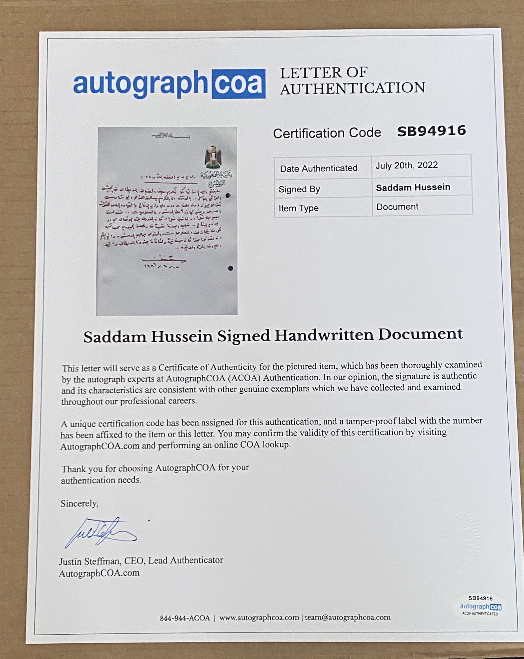 Autograph Saddam Hussein Forbids Uday from Awarding the Iraq Military Officers